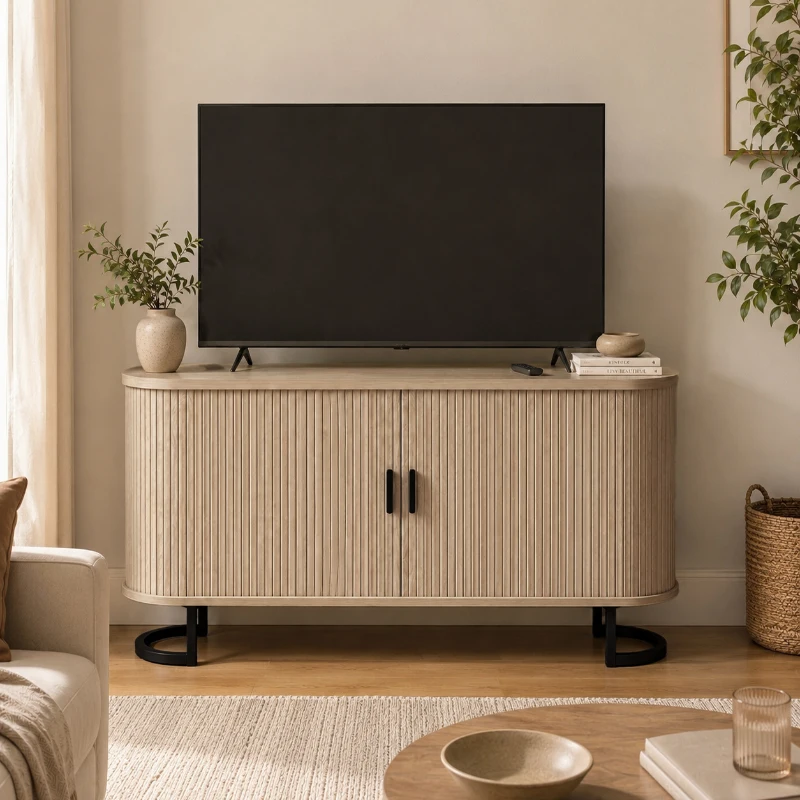 HOMCOM Buffet salon, meuble de rangement ovale avec 2 portes coulissantes et étagères réglables, 140x40x75cm, bois naturel