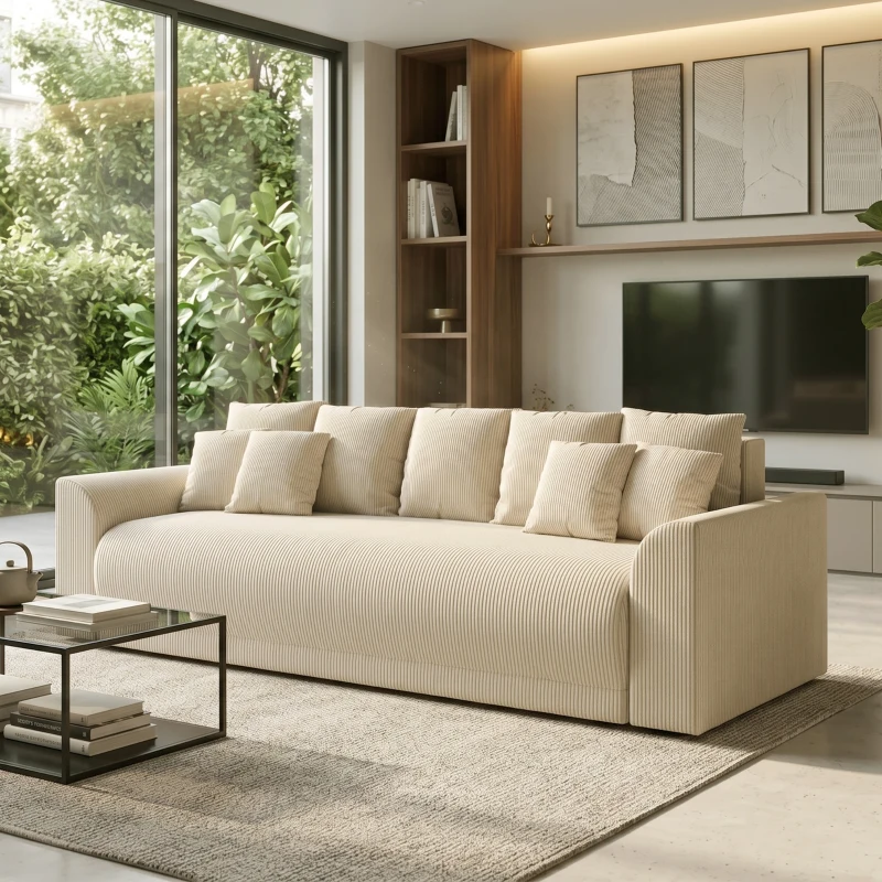 HOMCOM Schlafsofa 230 cm 3-Sitzer Sofa mit Schlaffunktion, Kissen, Stauraum, Cordstoff, Nosagunterfederung, für Wohnzimmer, Beige