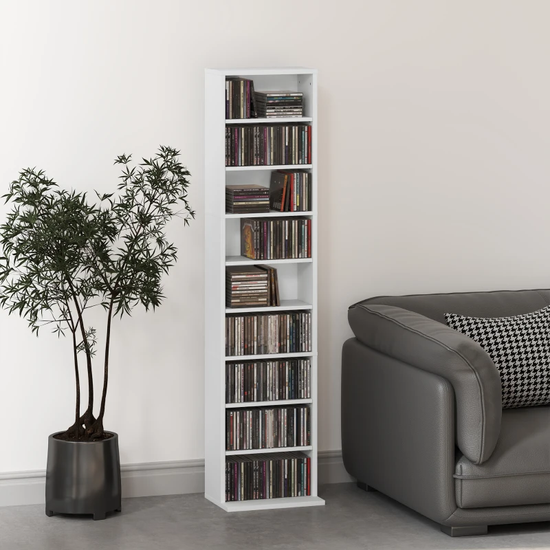 HOMCOM Estante para CDs e DVDs Suportes para CD Estreitos com 9 Compartimentos Prateleiras Ajustáveis 33x24x140 cm Branco