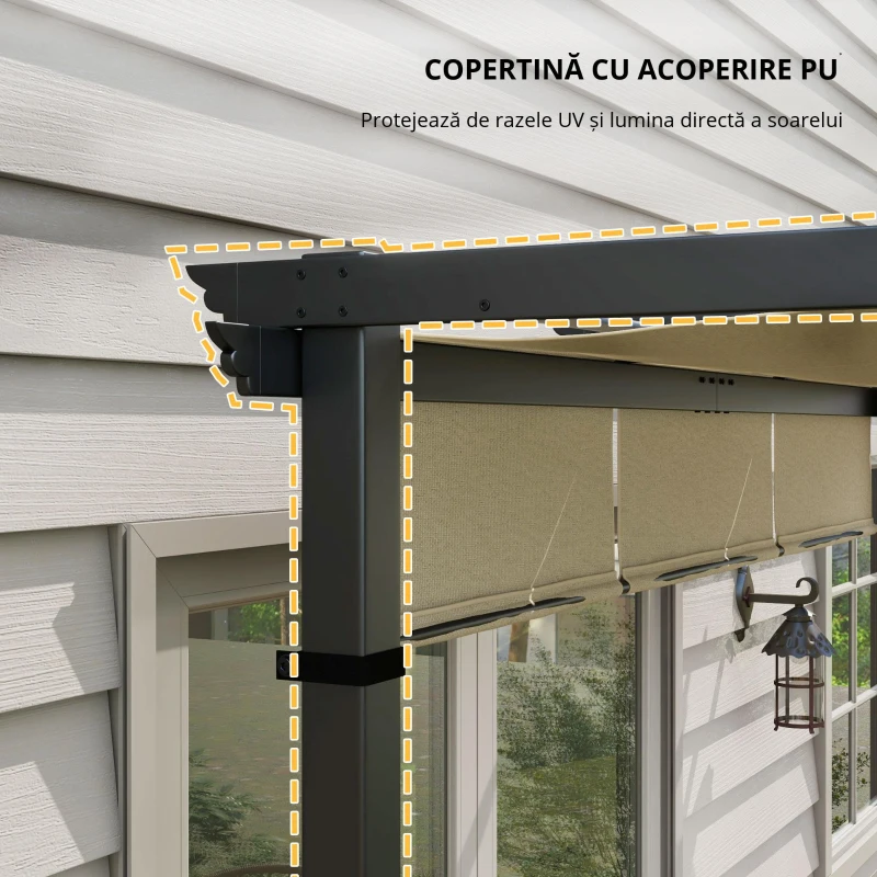Outsunny Pergolă cu 3 țesături glisante 3 x 3 x 2,38 m structură din oțel negru țesătură poliester de înaltă densitate bej
