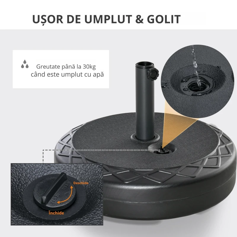 Outsunny Baza pentru umbrela rotunda Φ55cm din plastic de 30kg pentru stalpi de 38-48mm negru