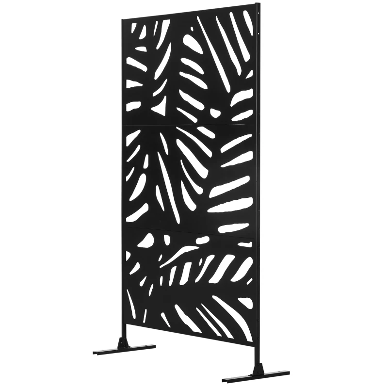 Outsunny Biombo de 3 Painéis 122x198 cm Biombo Separador de Ambientes com Suporte Design de Folhas Preto