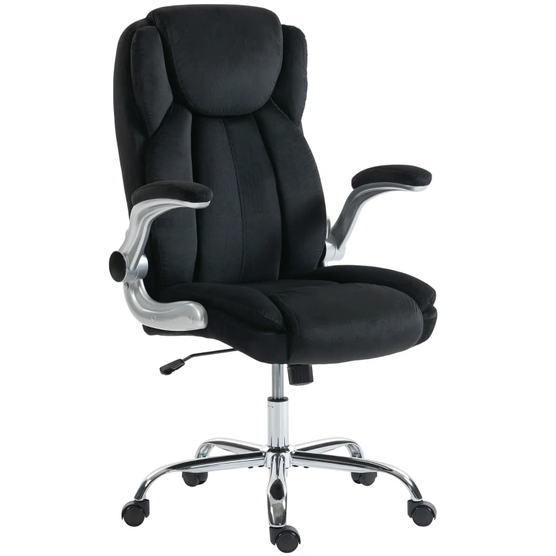 HOMCOM Cadeira de Escritório Apoios de Braços Rebatíveis Altura Ajustável Função Basculante e Estofada em Veludo 68x69x118 cm Preto