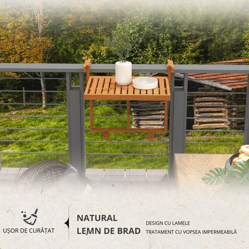 Outsunny Masă Suspendată de Exterior, Masă Reglabilă pentru Balustradă, Blat Suport cu Montare pe Perete, 68x65x40,5-55 cm, Tec