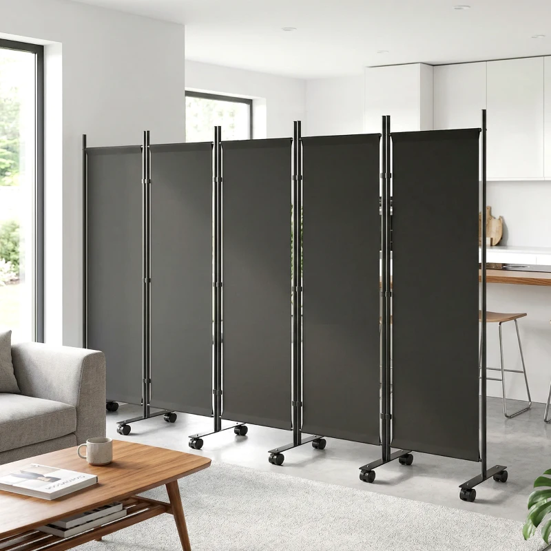 Outsunny Biombo Dobrável de 5 Painéis com 12 Rodas 252x170 cm Biombo Separador de Ambientes Preto