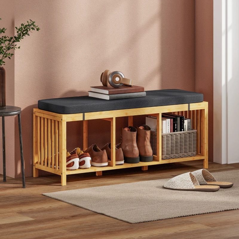 HOMCOM Bambus-Schuhbank, Flurbank mit gepolstertem Sitzkissen und offener Ablage, Naturholz-Optik