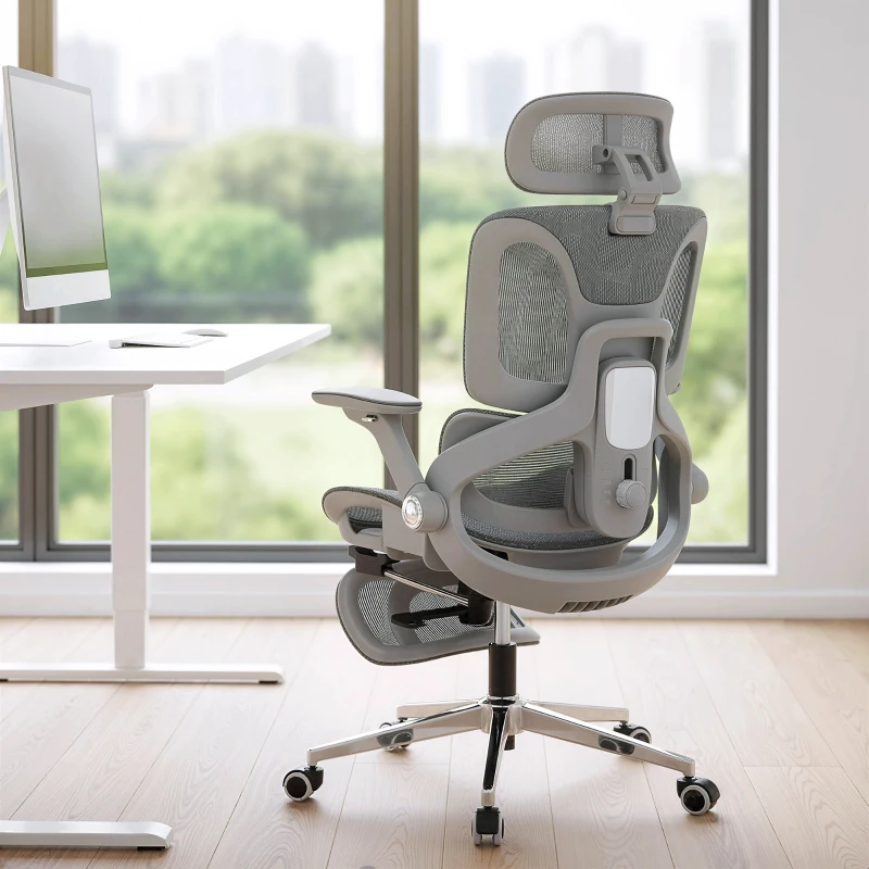 HOMCOM Ergonomiczny fotel biurowy, fotel komputerowy z siatki z oddzielnym oparciem, podparcie lędźwiowe, 4D składane podłokietniki, Szary