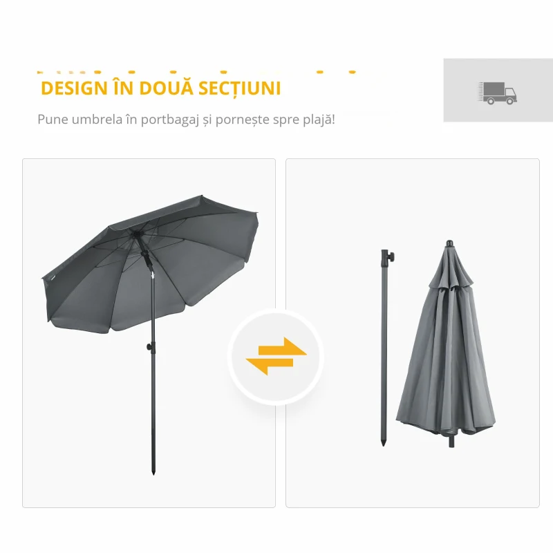 Outsunny Umbrela de soare pentru plaja din Poliester si Otel cu 8 Nervuri, cu Tetiera care se Inclina la 45° si Design in 2 Sectiuni, Ø180x209 cm, Gri
