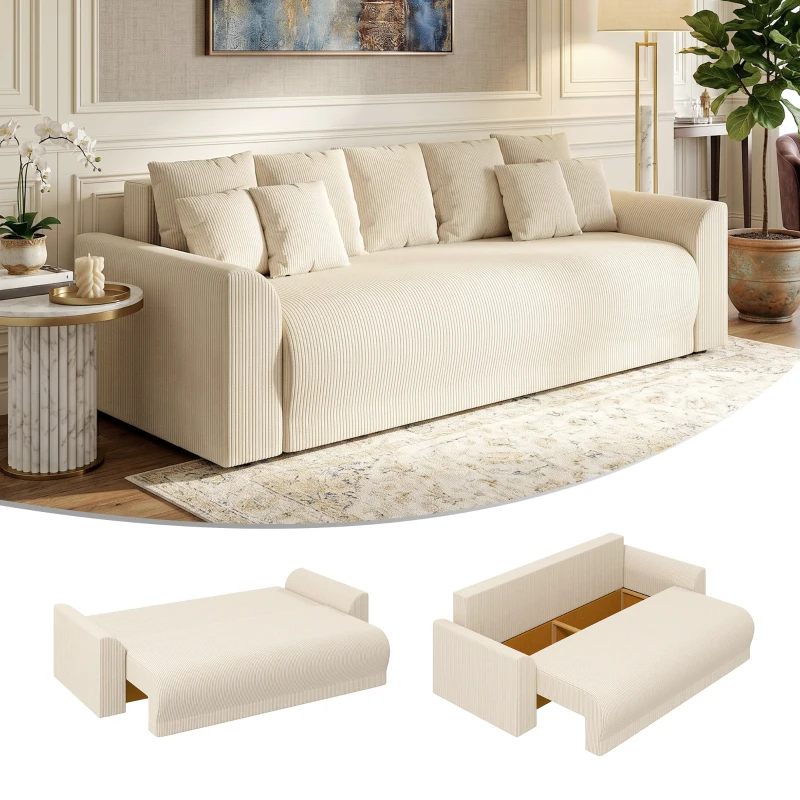 HOMCOM Schlafsofa 230 cm 3-Sitzer Sofa mit Schlaffunktion, Kissen, Stauraum, Cordstoff, Nosagunterfederung, für Wohnzimmer, Beige
