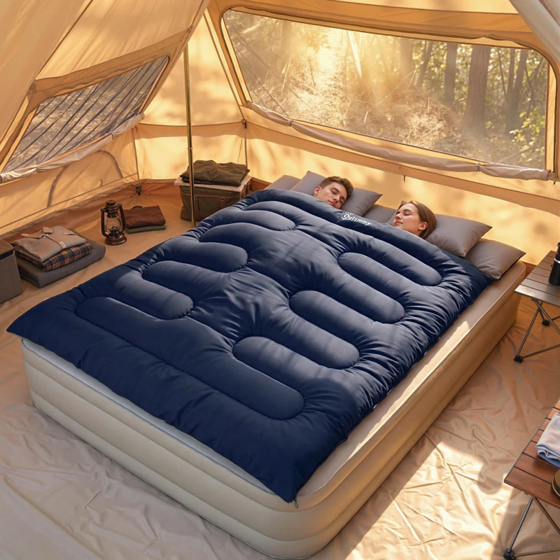 Outsunny Saco-Cama Duplo para Adultos Tamanho Queen para 2 Pessoas com 2 Almofadas e Saco de Transporte Azul Escuro