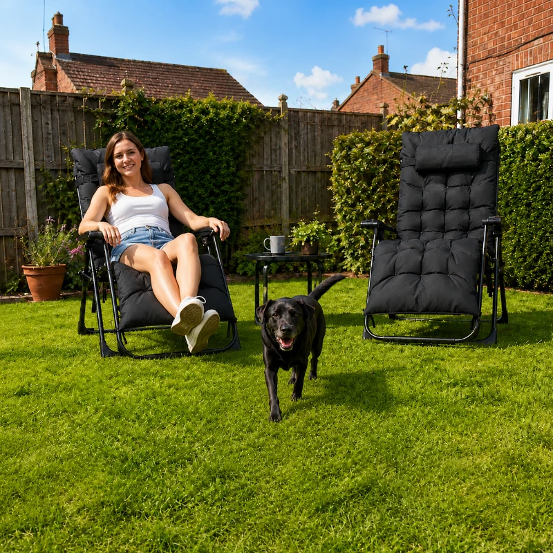 Outsunny 2 Piece Reclining Zero Gravity Sun Loungers with Cushions, Black