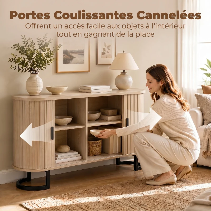 HOMCOM Buffet salon, meuble de rangement ovale avec 2 portes coulissantes et étagères réglables, 140x40x75cm, bois naturel