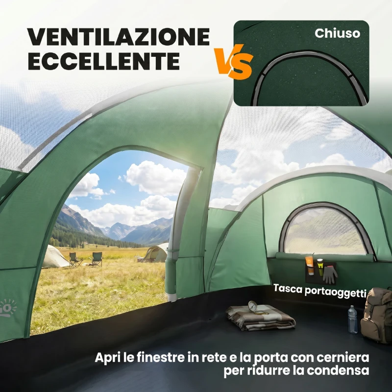 Outsunny Tienda de Acampada para 5-6 Personas Impermeable 3000mm+ con Bolsa de Transporte y Gancho 455x220x180 cm Verde
