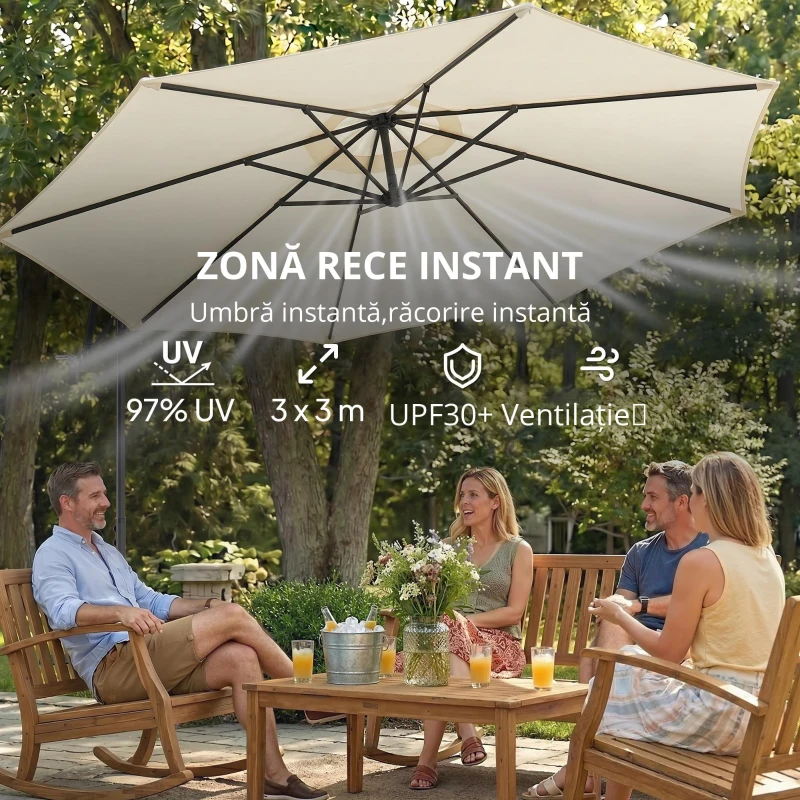 Outsunny Umbrela pentru Gradina Brat cu Manivela, Φ3x2.5m, Alba