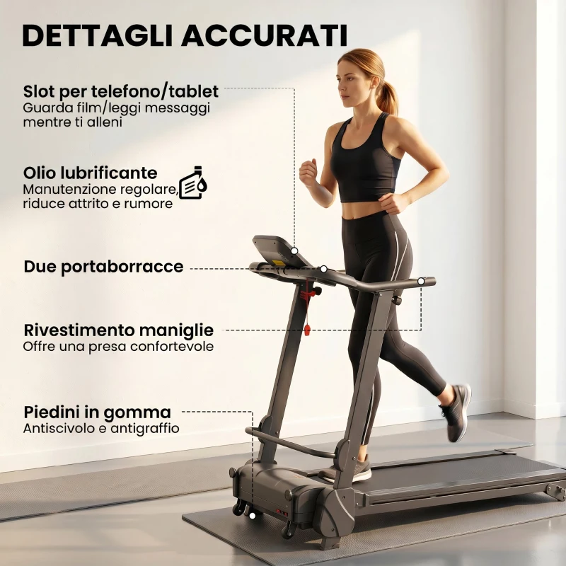 HOMCOM Tapis Roulant Elettrico Pieghevole Salvaspazio, Velocità 14km/h, Monitor LCD 5 Programmi e Presa USB, per Casa e Ufficio, Motore 750W, Nero