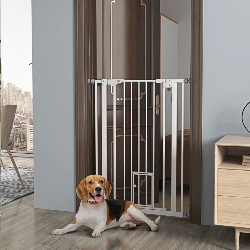 PawHut Cancellino per Cani Regolabile Alto con Porta Piccola e Chiusura Automatica, 74-80x104cm, Bianco