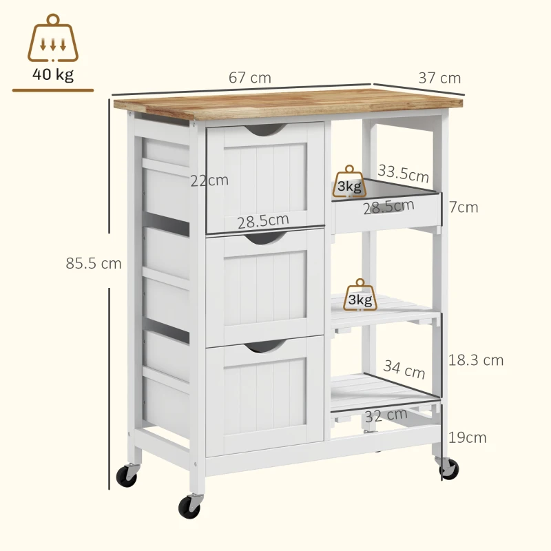 HOMCOM, Carucior de bucatarie, Cu 3 Sertare, MDF, Lemn de cauciuc, 67 x 37 x 85.5 cm, Alb