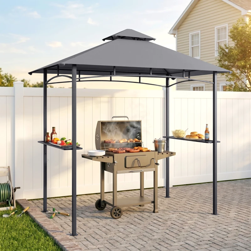 Outsunny Grillpavillon Gartenzelt Grill Pavillon Balkonpavillon mit Ablagen Flammhemmendes Doppeldach Grau 245 x 148 x 252 cm