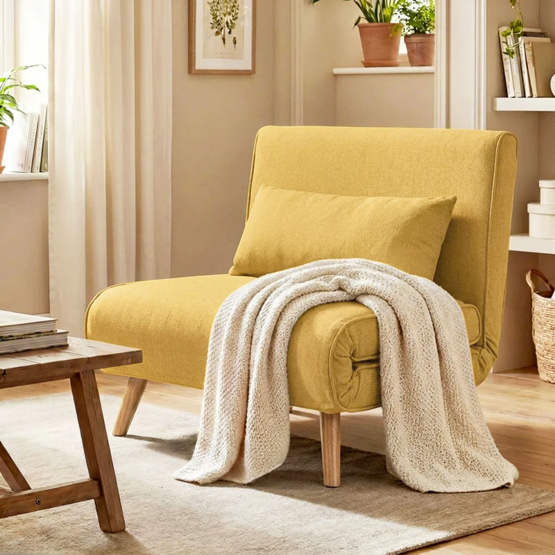HOMCOM Sofá-Cama Individual Dobrável com Encosto Ajustável em 5 Posições, Sofá-Cama Estofado com Almofada 72x75x85 cm Amarelo