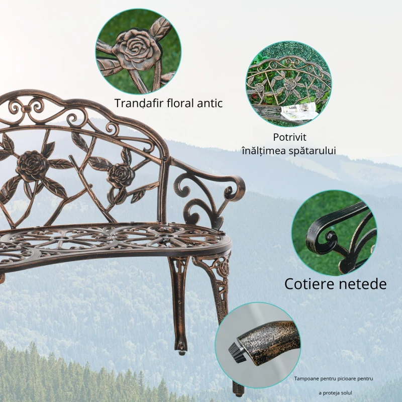 Outsunny Bancă de grădină 2 locuri din metal, bancă în stil retro, bancă de parc cu model floral 100 x 54 x 78 cm, Bronz