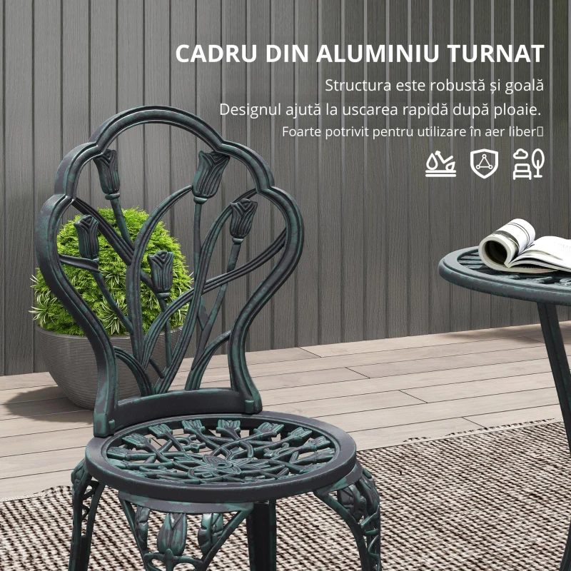 Outsunny Set Mobilier de Grădină 2 Locuri 2 Scaune + Masă Rotundă Fontă de Aluminiu Imitație Fier Forjat Verde