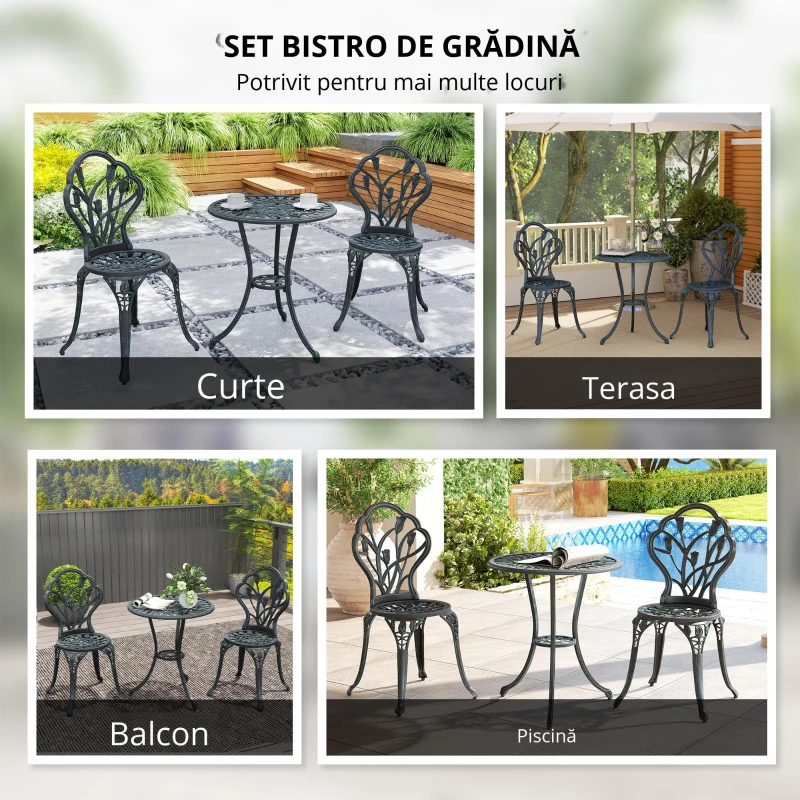 Outsunny Set Mobilier de Grădină 2 Locuri 2 Scaune + Masă Rotundă Fontă de Aluminiu Imitație Fier Forjat Verde