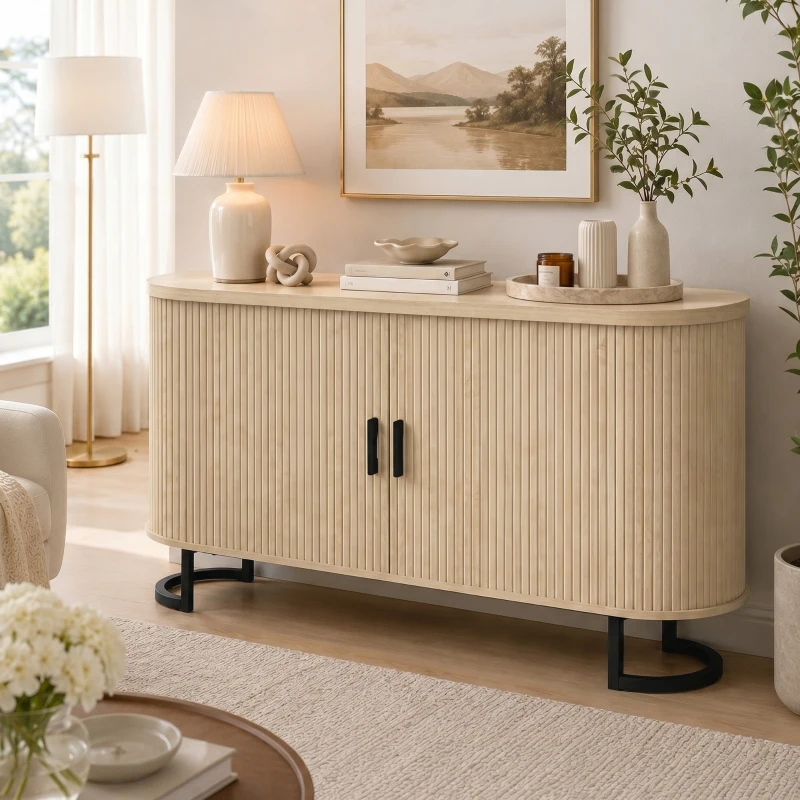 HOMCOM Buffet salon, meuble de rangement ovale avec 2 portes coulissantes et étagères réglables, 140x40x75cm, bois naturel