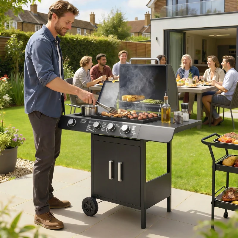 Outsunny Barbacoa de Gas BBQ con 3+1 Quemadores 11,6 KW 2 Mesas Laterales Armario de 2 Puertas Termómetro y 2 Ruedas Acero Inoxidable 110x50x100 cm Negro