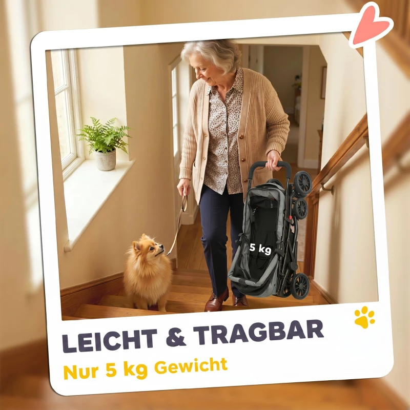 PawHut Hundewagen Faltbar Hundebuggy mit Kissen Netzfenstern Getränkehalter 360° drehbare Räder für kleine Hunde bis 10kg Grau