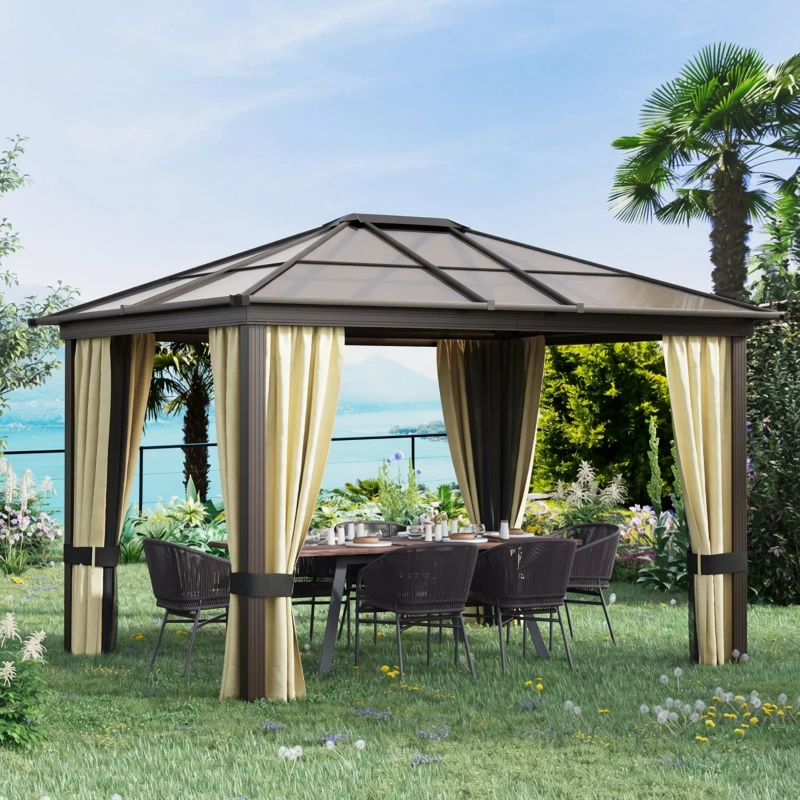 Outsunny Cenador para Jardín 3x3,6 m con Marco de Alumnio Pabellón para Exterior con Techo de Policarbonato Anti-UV Gazebo para Fiestas Eventos Beige