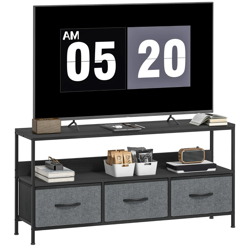 HOMCOM TV-Unterschrank für 140 cm mit faltbaren Stoffschubladen und Ablage aus Metall und MDF, 120x29x56 cm, Schwarz