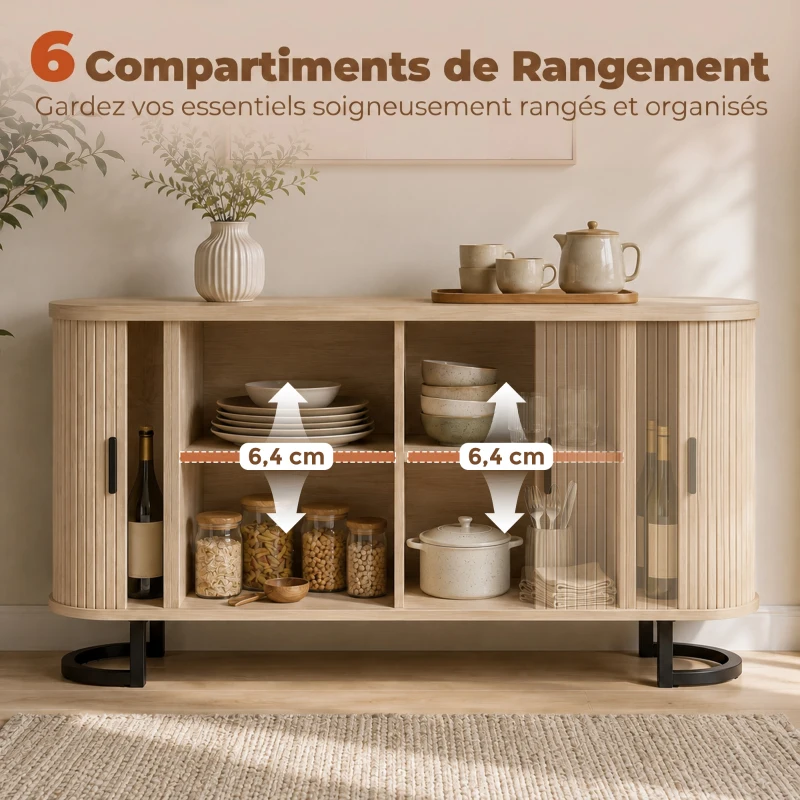 HOMCOM Buffet salon, meuble de rangement ovale avec 2 portes coulissantes et étagères réglables, 140x40x75cm, bois naturel