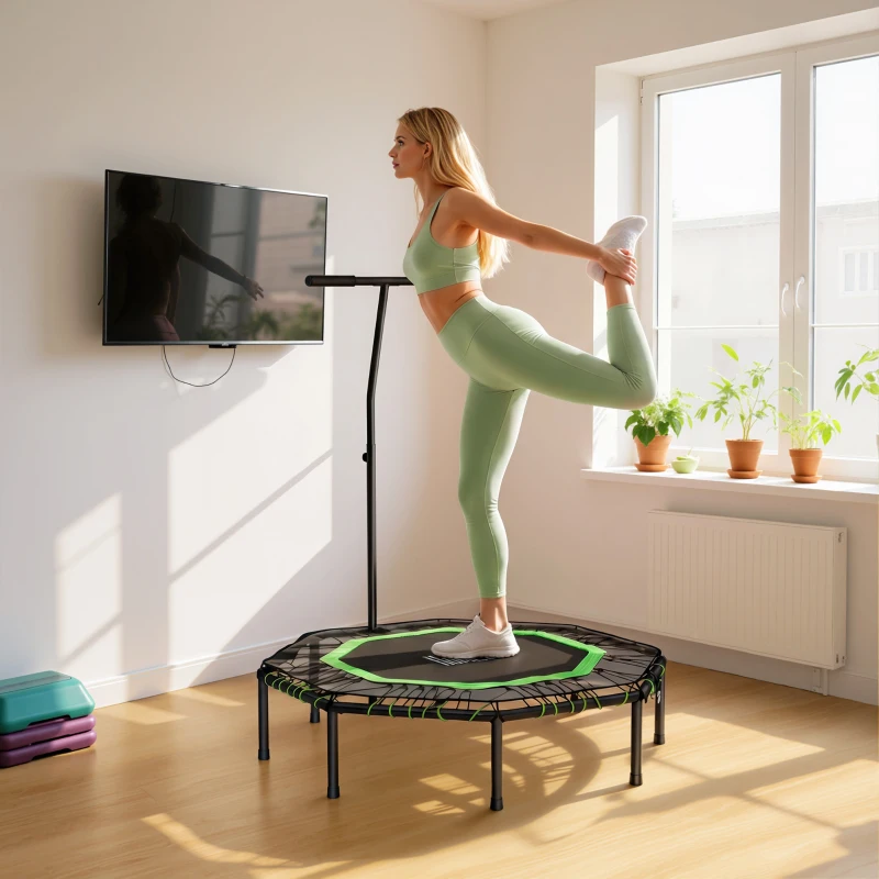 HOMCOM 48" Octagonal Mini Fitness Rebounder Trampoline Indoor Outdoor Foldable Mini Jumper with Adjustable Handle, Green