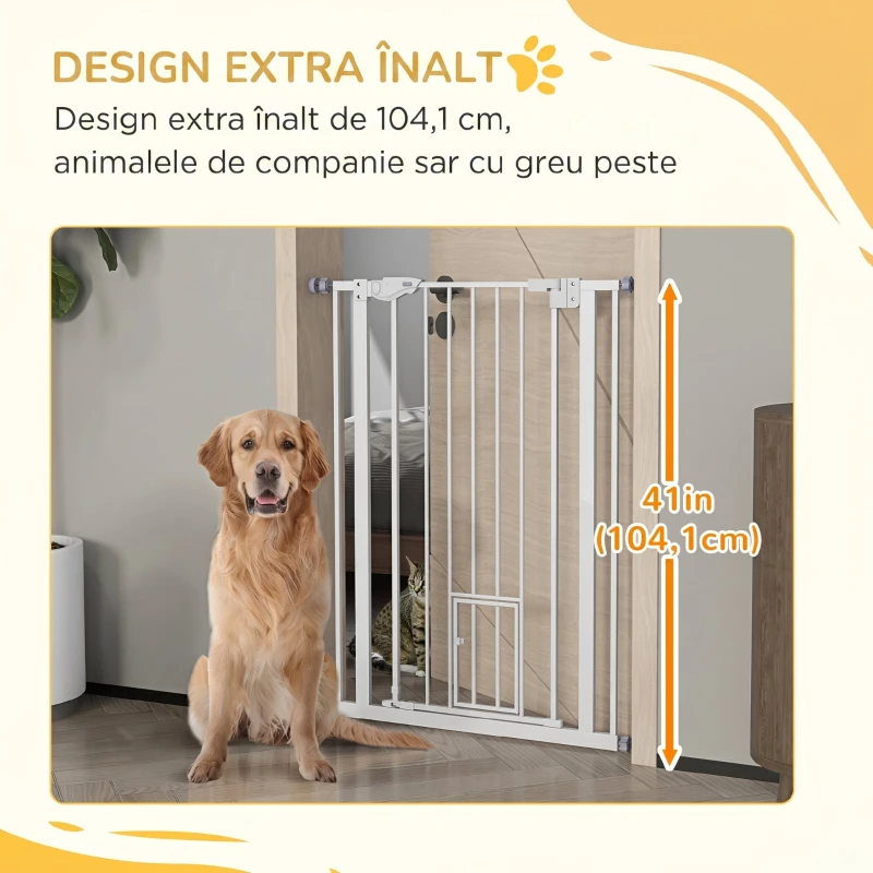 PawHut Poartă Reglabilă Înaltă pentru Câini cu Ușă Mică și Închidere Automată, 74-80x104cm, Alb