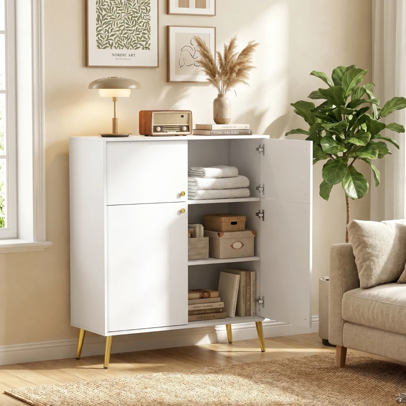 HOMCOM Aparador moderno, buffet de 105,4 cm con 4 puertas de cierre suave y patas metálicas, para comedor y cocina, blanco crema
