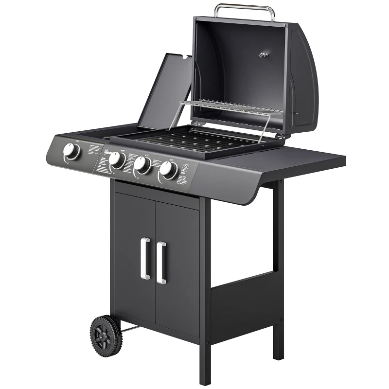 Outsunny Barbacoa de Gas BBQ con 3+1 Quemadores 11,6 KW 2 Mesas Laterales Armario de 2 Puertas Termómetro y 2 Ruedas Acero Inoxidable 110x50x100 cm Negro