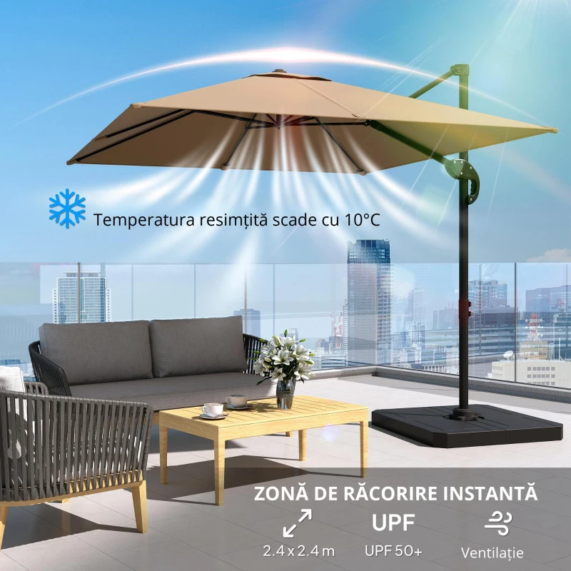 Outsunny Parasol cu braț lateral pătrat parasol de grădină exterior bază și plăci de umplere stâlp aluminiu protecție UV50+2,4x2,4m kaki