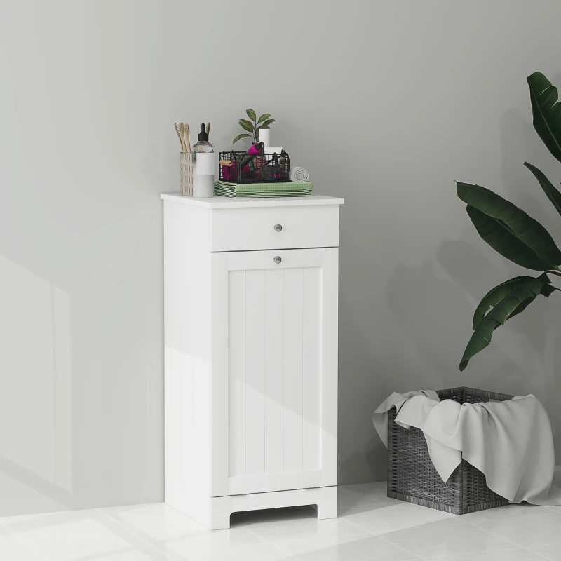 HOMCOM Armário de Casa de Banho com Cesto de Roupa Suja Basculante Móvel para Roupa Suja com Saco de Tecido Dobrável e Gaveta Branco 40x38x90 cm