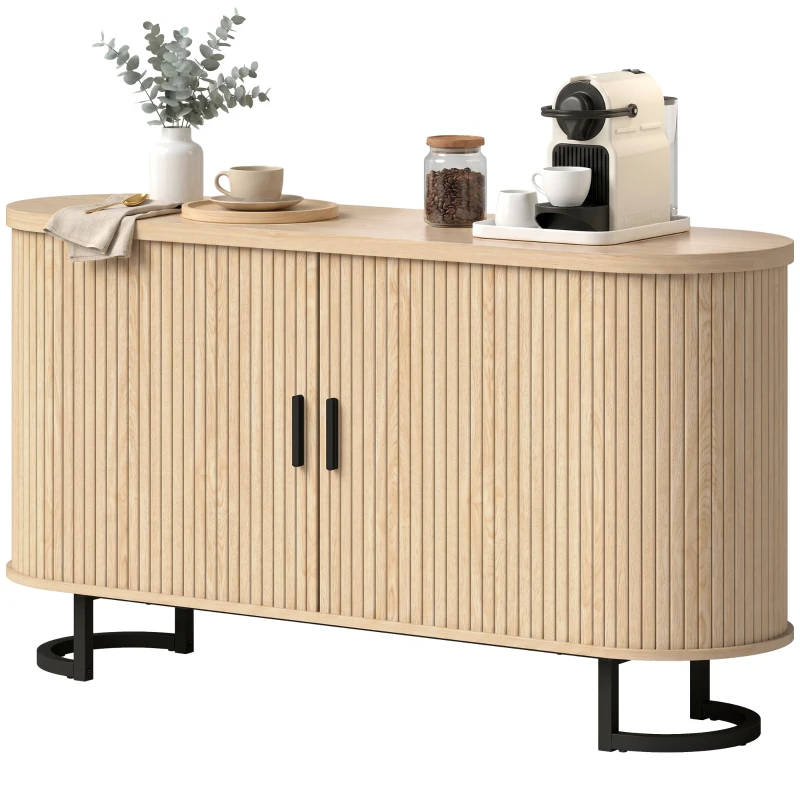 HOMCOM Buffet salon, meuble de rangement ovale avec 2 portes coulissantes et étagères réglables, 140x40x75cm, bois naturel
