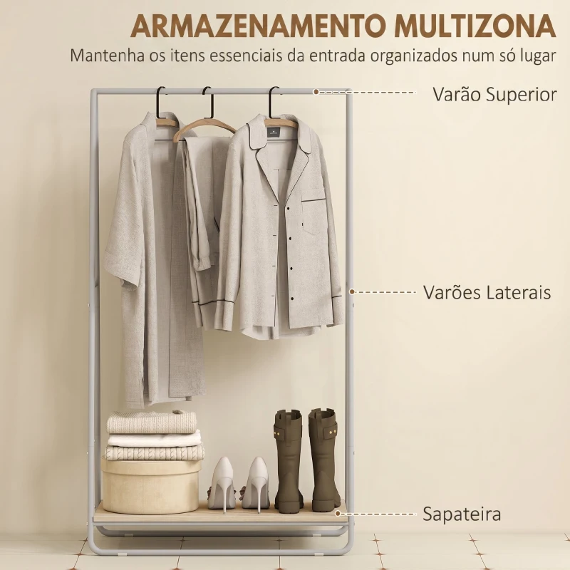 HOMCOM Charriot com Prateleira para Sapatos Barras Superior e Laterais Estrutura de Metal 80x44x140 cm Madeira e Cinzento