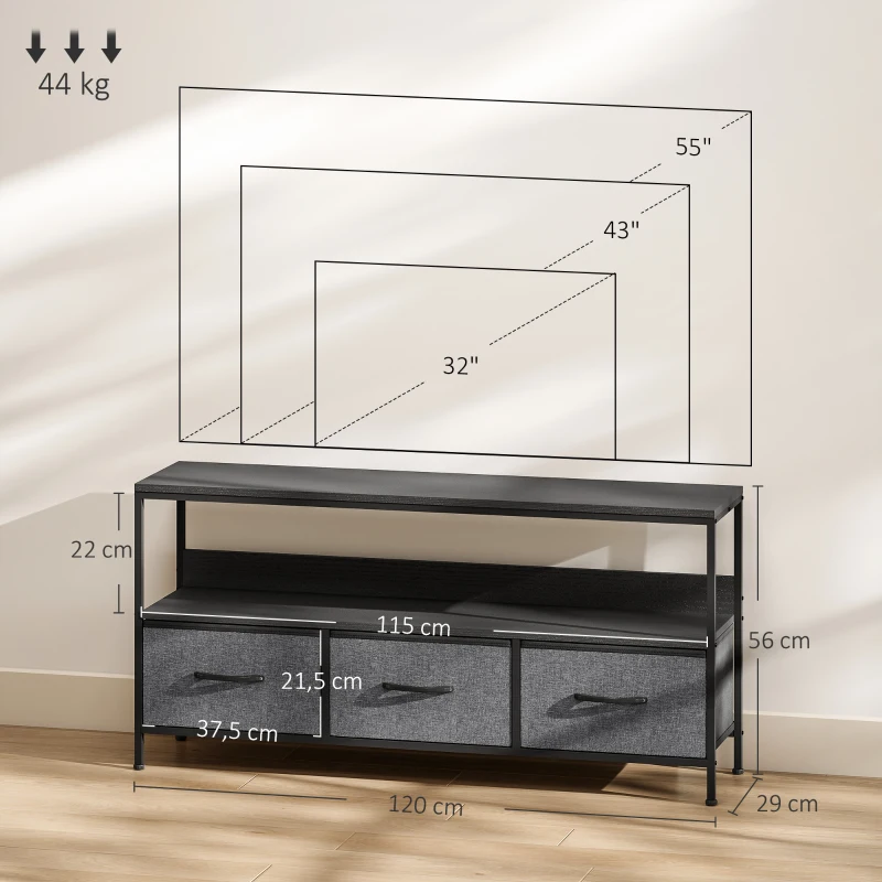 HOMCOM Mueble para TV de 140 cm con Cajones Plegables de Tela y Estante de Metal y MDF 120x29x56 cm Negro