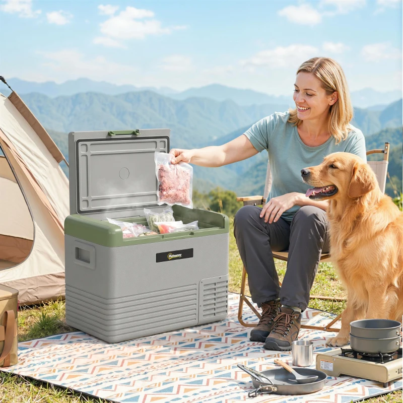 Outsunny 40L Portable Car Refrigerator - Light Green and Grey