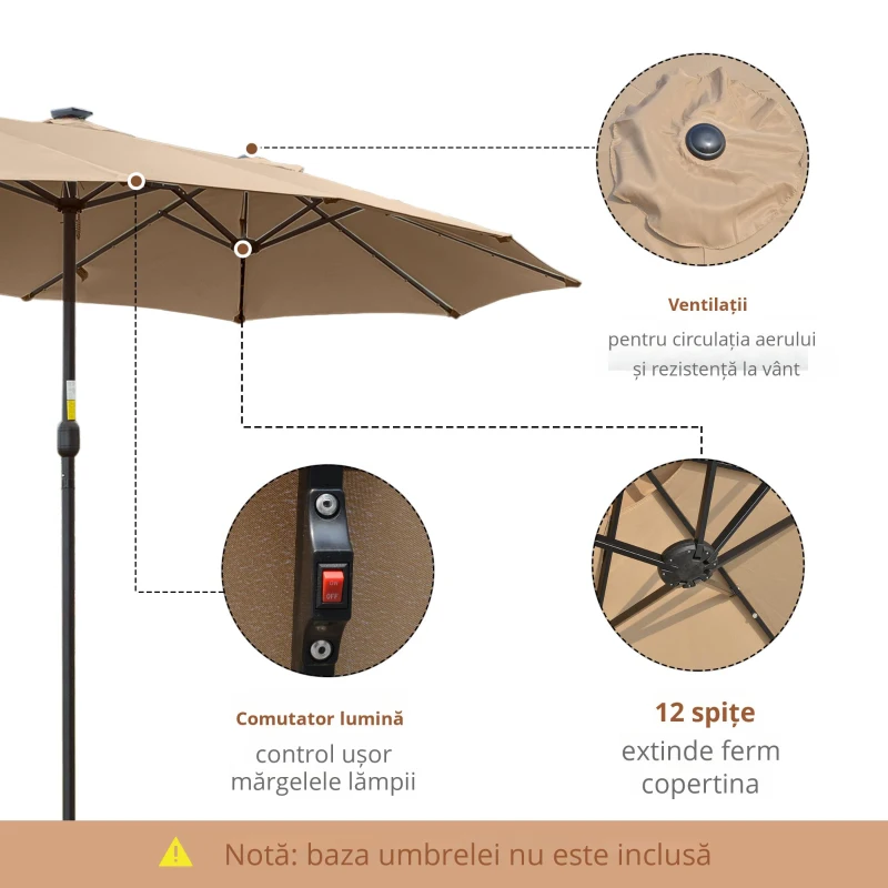 Outsunny Umbrela de soare de Gradina 4,5 m cu 48 de Lumini LED cu Energie Solara, Umbrala de Soare Dublă cu Manivela, Kaki