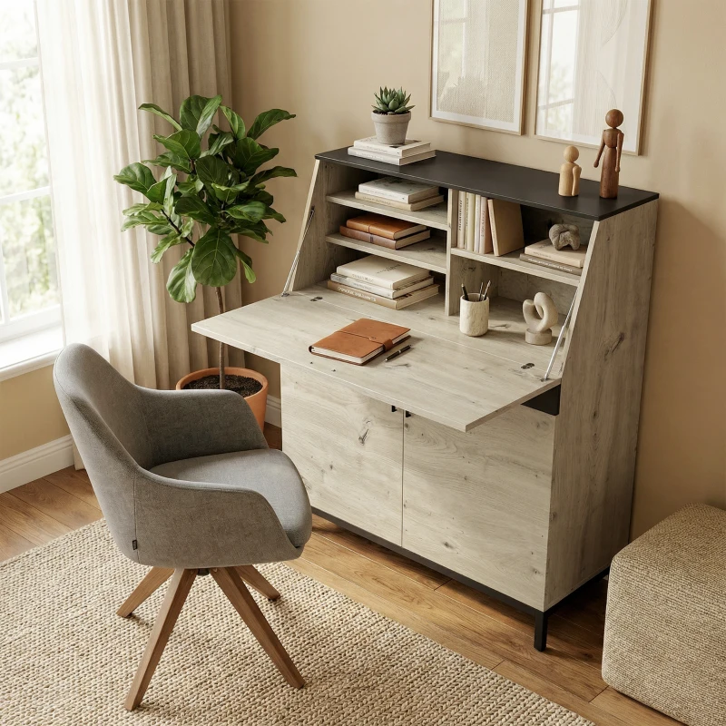 HOMCOM Industrieller Sekretär-Schreibtisch mit Regalen und Metallrahmen 100 cm Naturholz und Schwarz