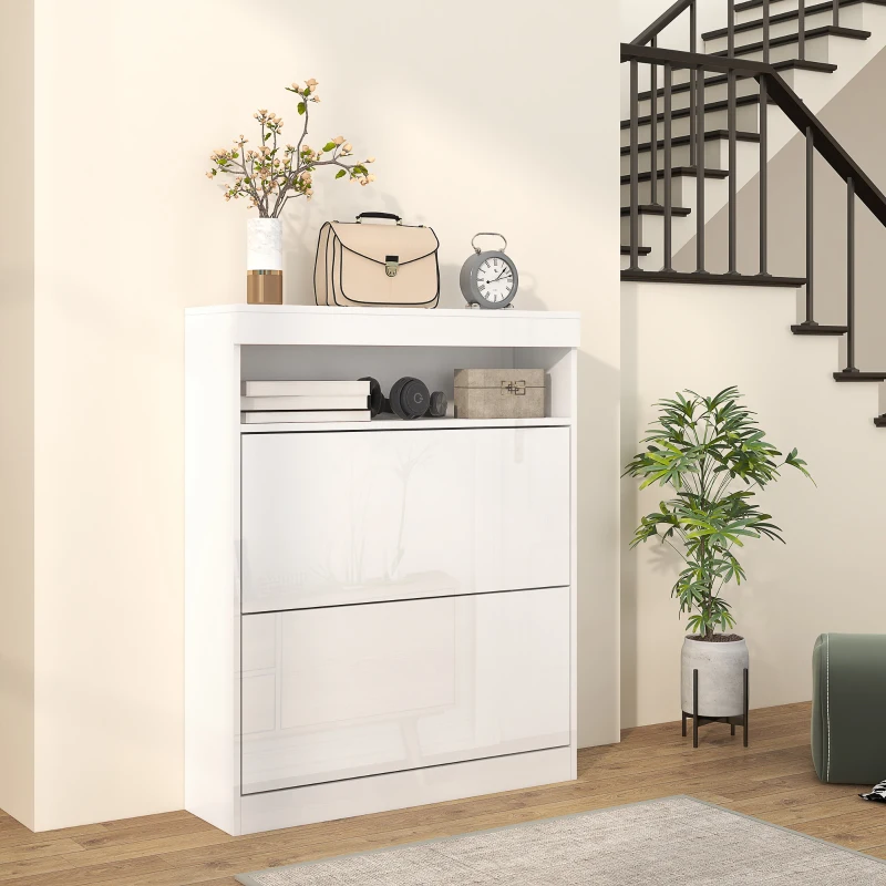 HOMCOM 16 Shoe Pair Storage Cabinet, with Flip Doors - High Gloss White