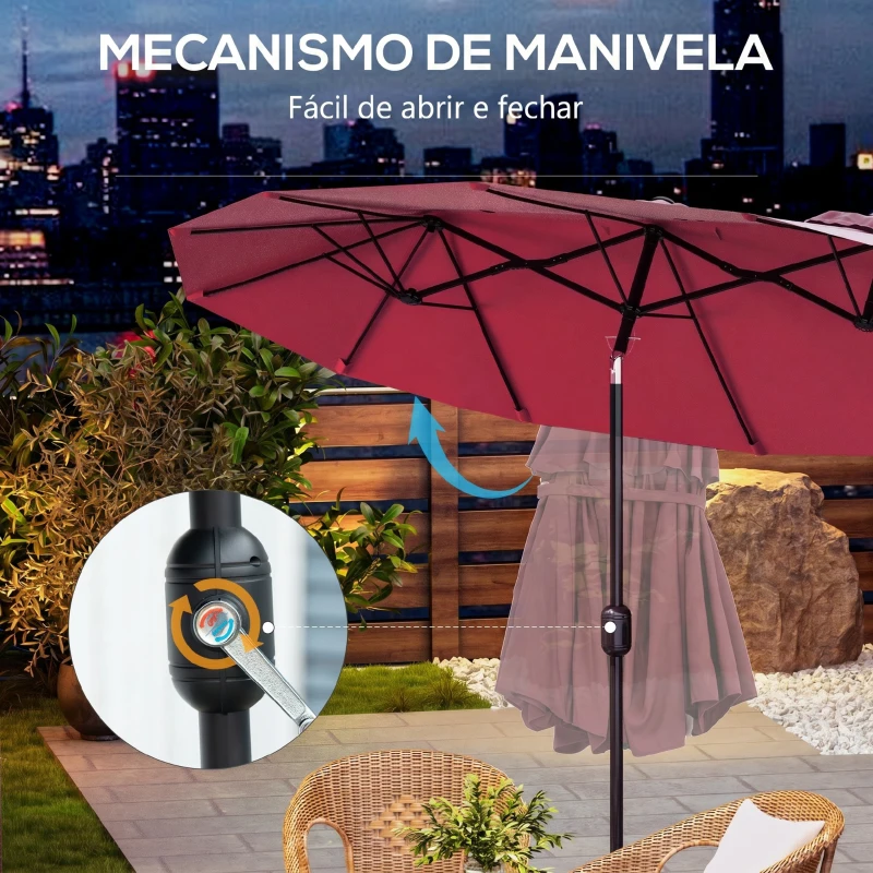 Outsunny Chapéu de Sol Duplo Chapéu de Sol de Jardim com Inclinação de 45° Manivela Estrutura de Aço 295x152x222 cm Vermelho