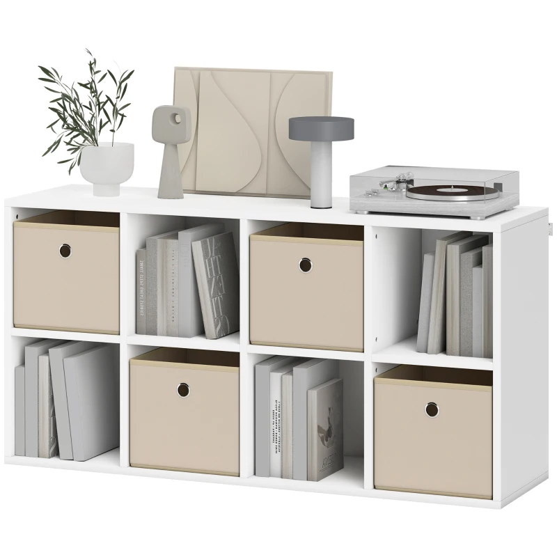 HOMCOM Estante Cubo Estante de Armazenamento Horizontal ou Vertical com 8 Compartimentos e 4 Gavetas de Tecido 53,7x30x79,8 cm Branco e Bege