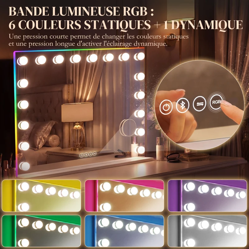 HOMCOM Miroir maquillage Hollywood 18 ampoules LED, 3 couleurs d'éclairage, lumière RGB, haut-parleur Bluetooth, blanc