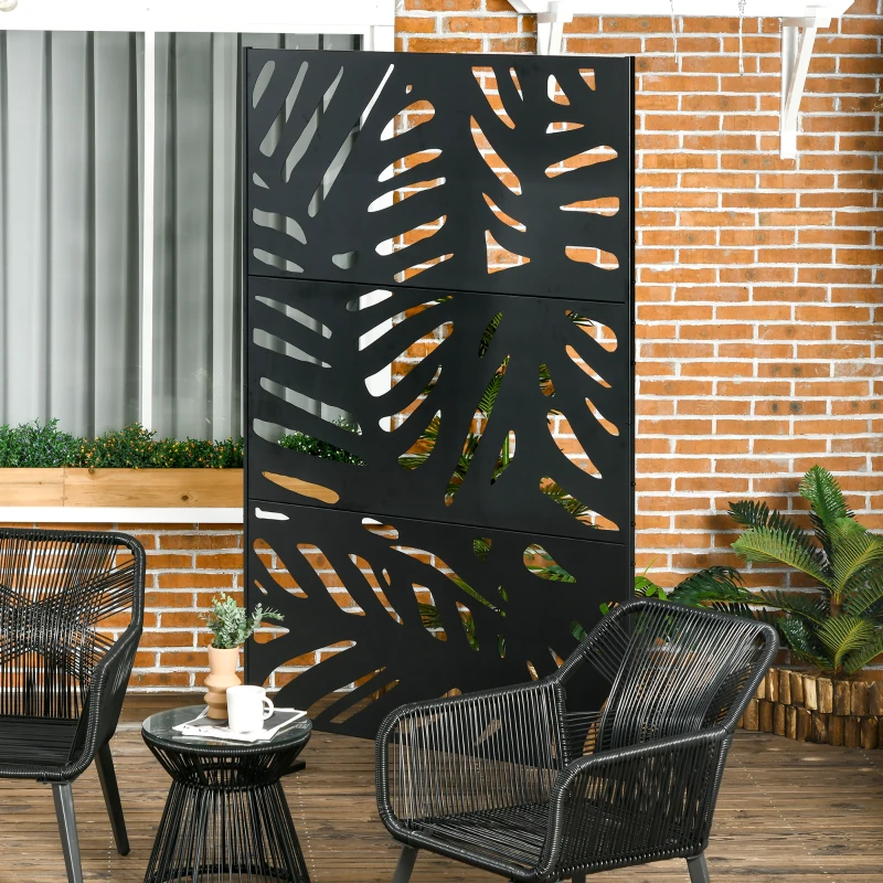 Outsunny Biombo de 3 Painéis 122x198 cm Biombo Separador de Ambientes com Suporte Design de Folhas Preto