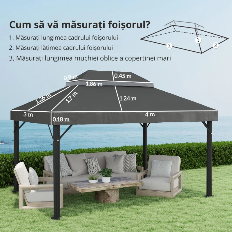 Outsunny Acoperiș de rezervă pentru pavilion, 3 x 4 m, husă de rezervă cu orificii de scurgere, poliester, protecție solară, UPF30+, Gri închis